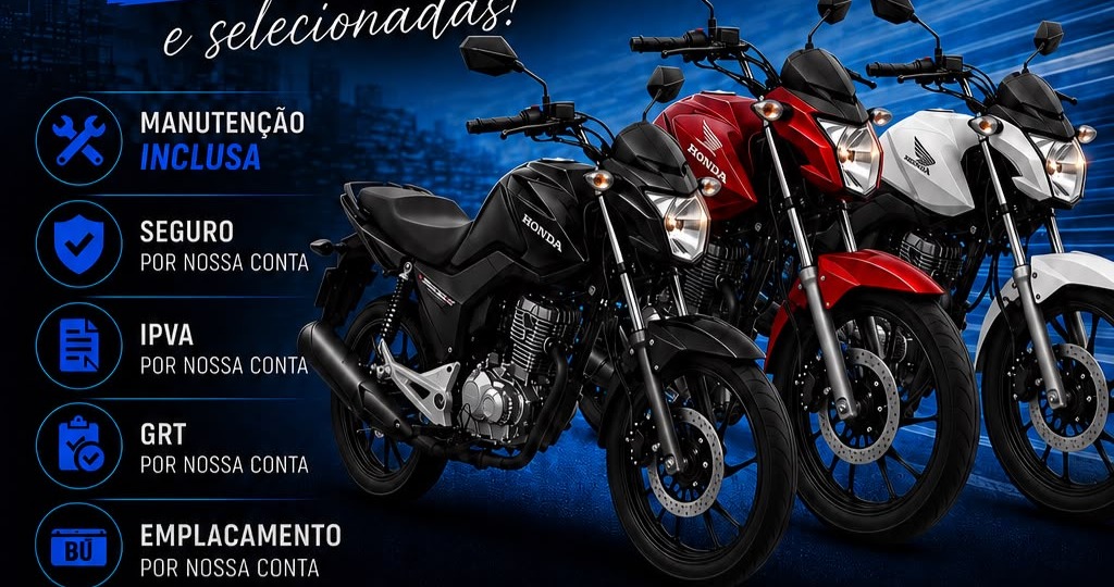 Motos Honda novas disponíveis para aluguel na MotoLagos, nas cores preta, vermelha e branca