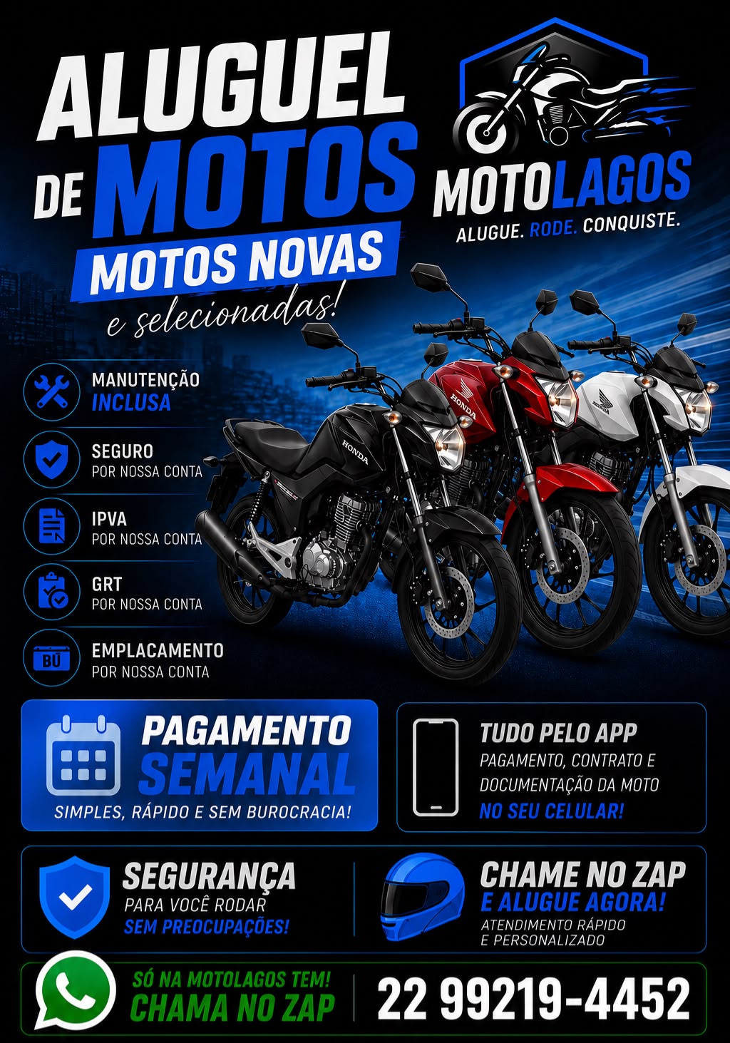 Card promocional MotoLagos com as motos disponíveis e benefícios inclusos